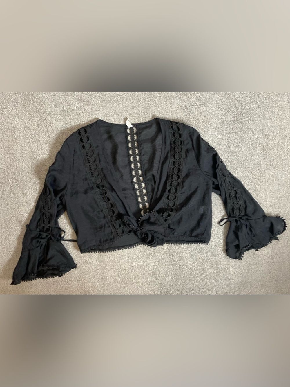Revel Women’s Black Tie-Front Lace Trim Cropped Top Swim Cover Beach Vacation